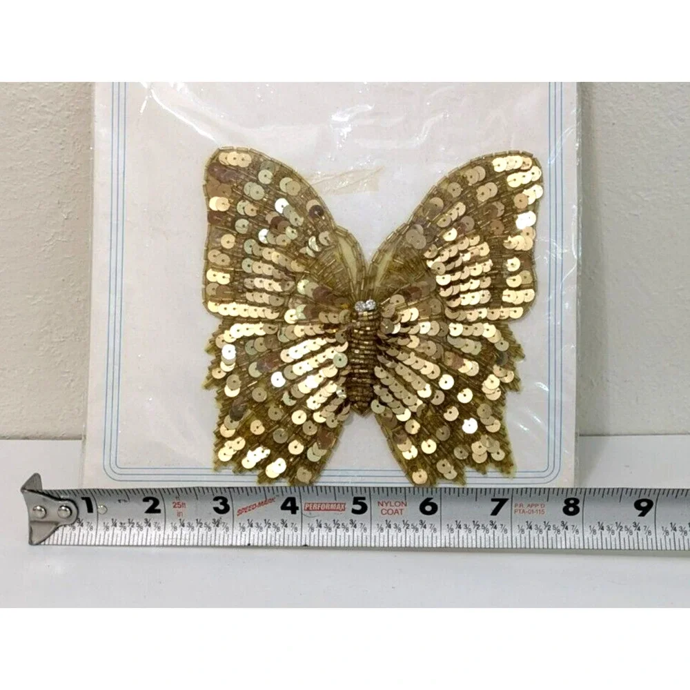 ELEGANCE Gold Butterfly Sequined Sew-On Sewing Applique Craft Patch Vintage‎
